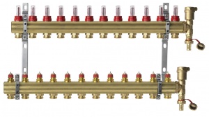 DANFOSS, Коллекторная группа FHF-12F set с клапанными вставками и расходомерами, 12 контуров