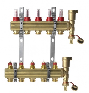 DANFOSS, Коллекторная группа FHF-5F set с клапанными вставками и расходомерами, 5 контуров