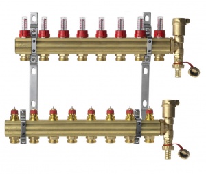 DANFOSS, Коллекторная группа FHF-8F set с клапанными вставками и расходомерами, 8 контуров